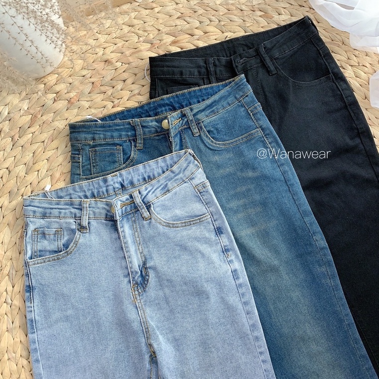 Quần jean ống loe dài lưng cao WANAWEAR quần bò nữ trend siêu tôn dáng hàng QC chất đẹp màu xanh, đen