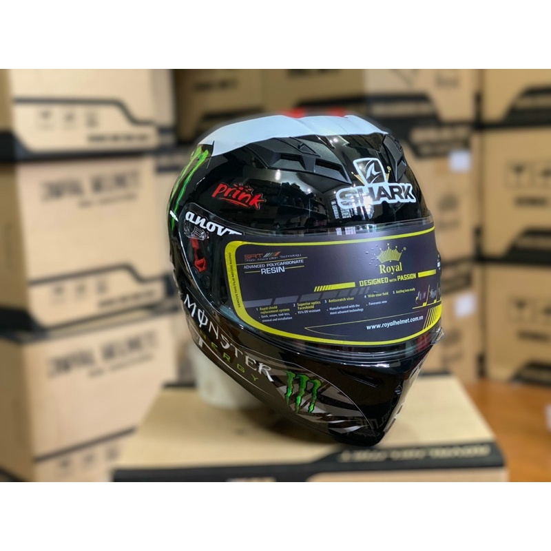 Mũ Bảo Hiểm Fullface 2 Kính M266 Màu Đen Bóng Lên Tem Monster Shark Cực Đẹp, Tặng túi đựng nón và BH 12 Tháng