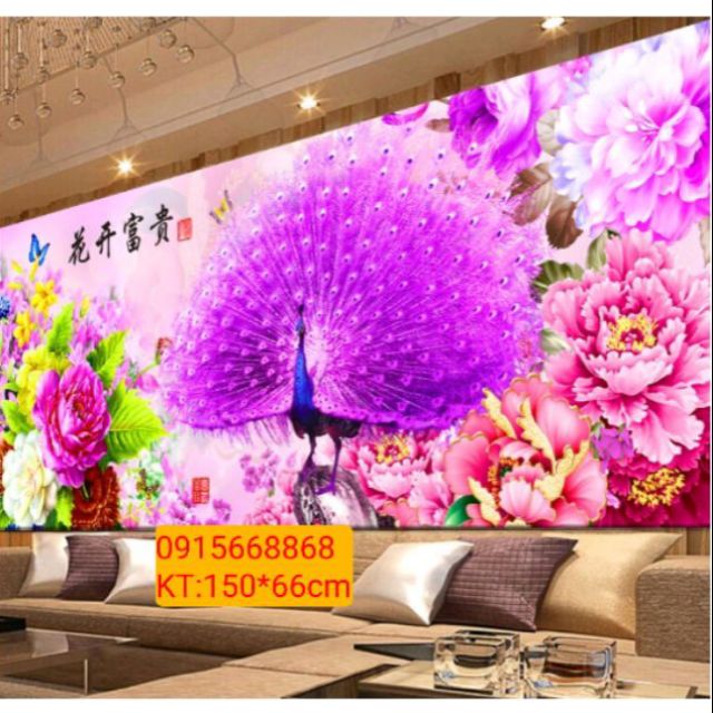 Tranh thêu chữ thập chim công kt 150*68cm