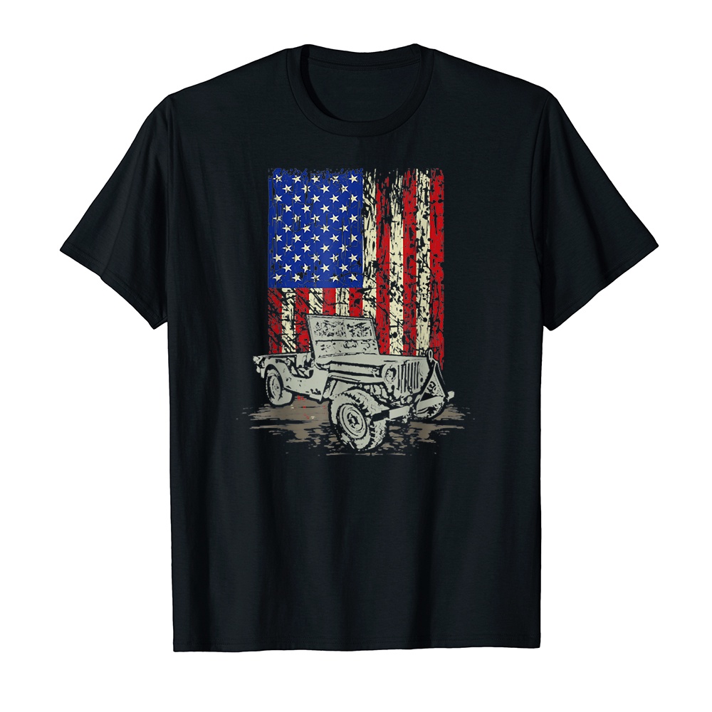 Áo thun cotton unisex HTFashion in hình American Flag 4X4 jeep american flag 4th of july
