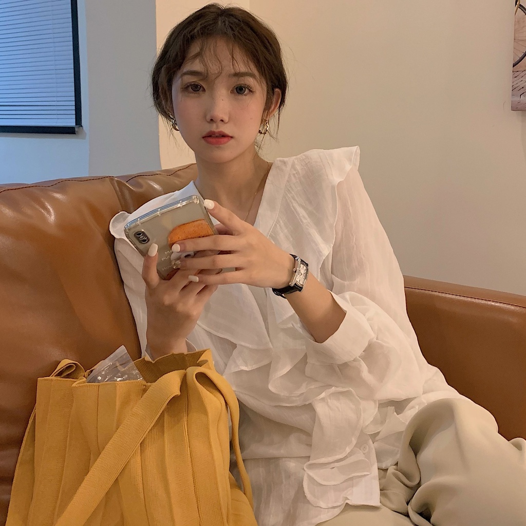 Áo sơ mi dài tay cổ chữ V kiểu Pháp nữ thiết kế cảm giác thích hợp mùa xuân thu 2021 khí chất