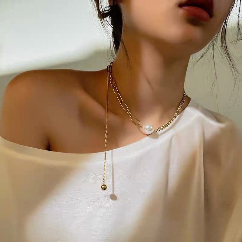 Vòng cổ thép titan hạt ngọc trai thanh lịch thời trang phong cách Hàn Quốc