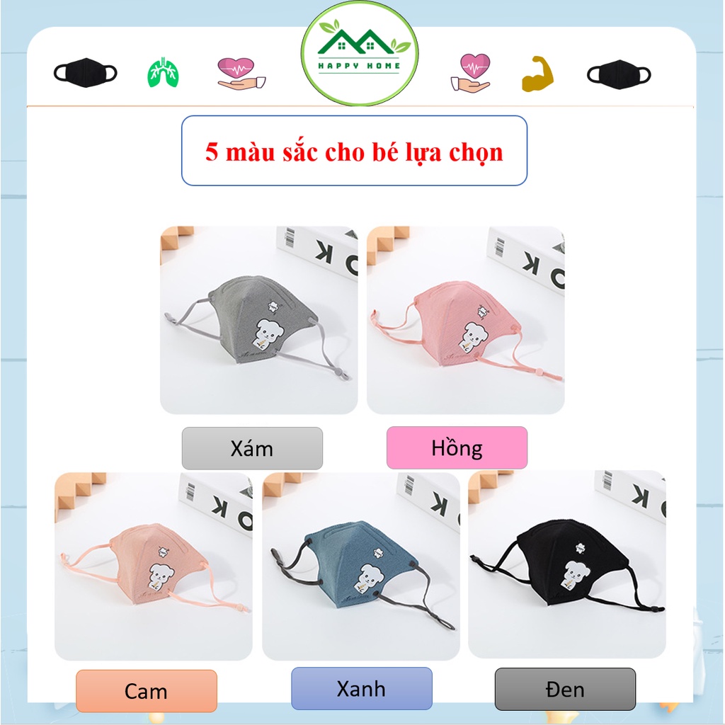 Khẩu trang vải kháng khuẩn cho trẻ em 3 lớp chống tia UV, chống bụi có dây rút điều chỉnh 100% cotton dễ thở