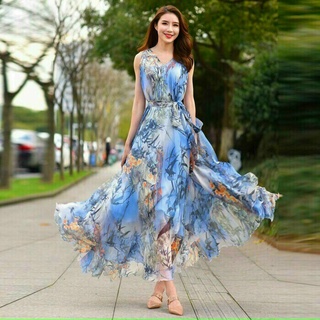 [TRỢ GIÁ] Đầm Xòe Maxi Họa Tiết Hoa Lá