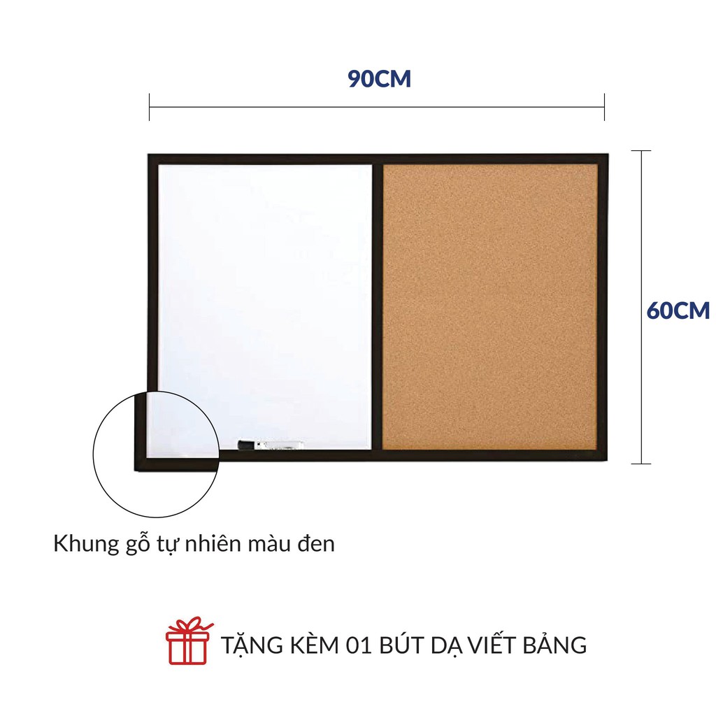 Bảng Combo Ghim Lie  - Melamin Trắng Khung Gỗ Đen - Tân Hà - KT 60x90cm - Tặng Phụ Kiện