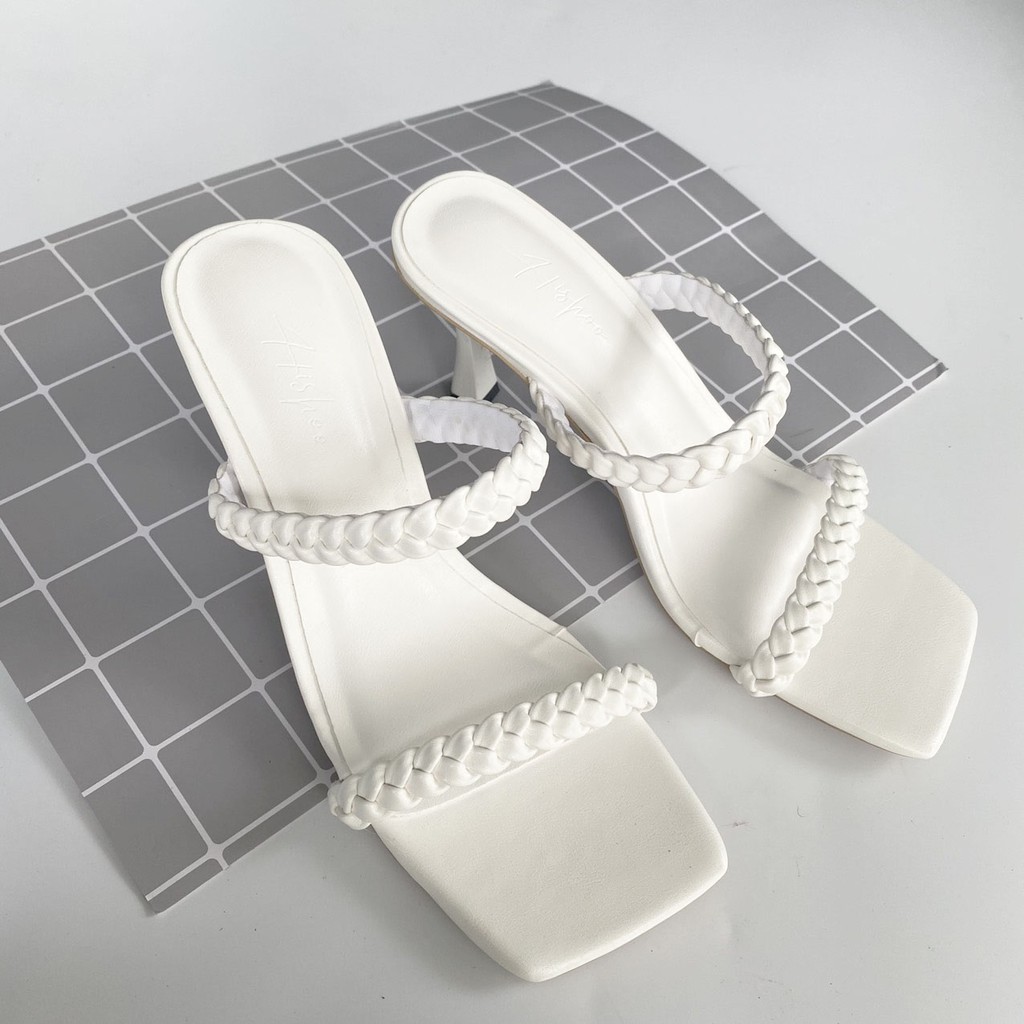 Guốc cao gót nữ đế vuông đẹp dáng dép sandal cao 7p 2 quai ngang tết bính S003
