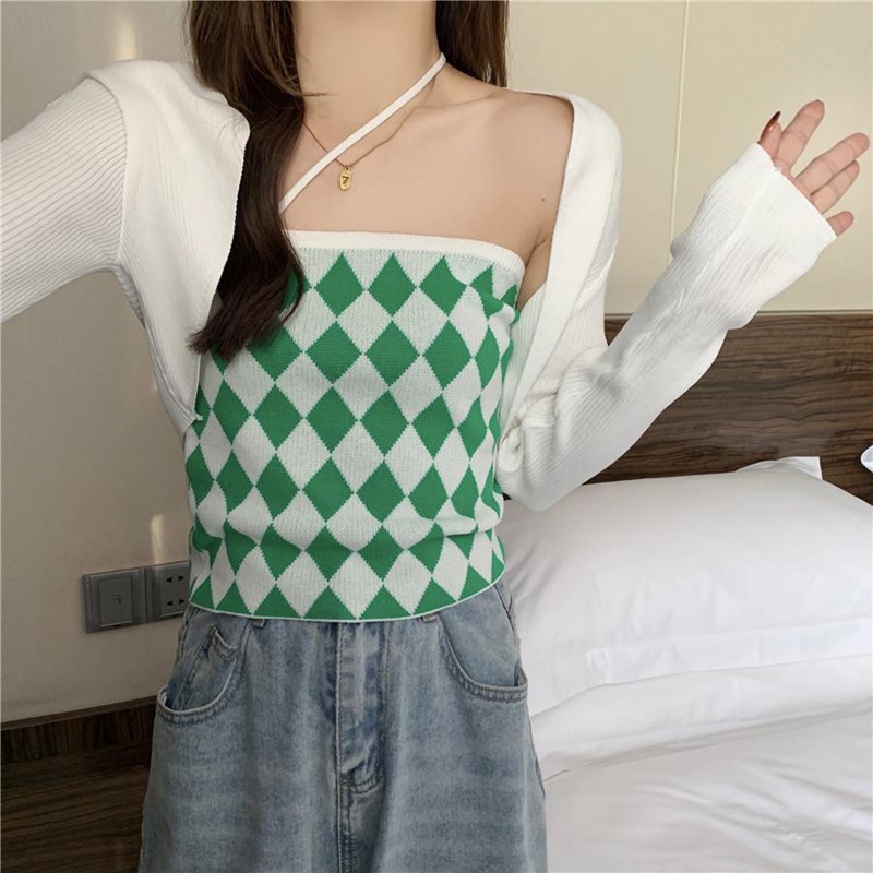 IELGY  Set Áo Hai Dây + Áo Choàng Ngắn Kẻ Caro Riêng Biệt Cho Nữ [Order]