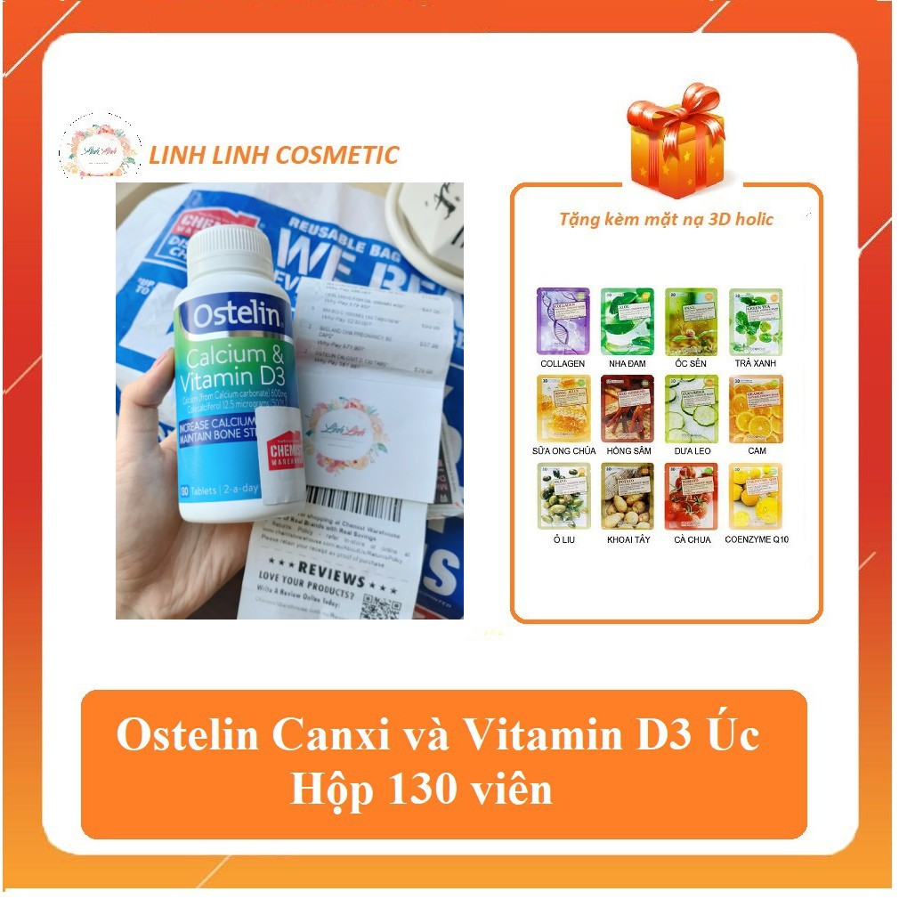 (tem chemist - mẫu mới) tặng kèm mặt nạ 3D - Ostelin Calcium &amp; Vitamin D3 Úc (130 viên)