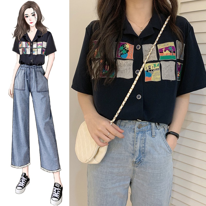 LEEVA - Áo sơ mi nữ đen họa tiết thêu hình cá tính L245