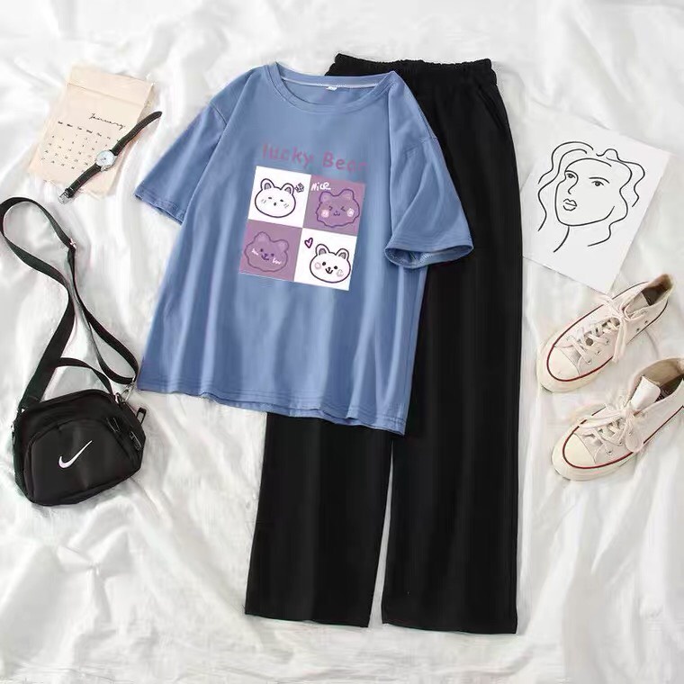 Sét áo Lucky Bear + quần suông đen, Áo thun from rộng, Chất đẹp không xù, quần suông ống rộng, Sét bộ mặc ở nhà - MODY