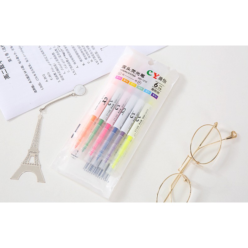 Bút highlight 2 đầu tiện lợi - set bút dạ quang 6 màu