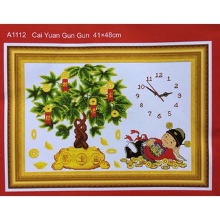 Tranh thêu chữ thập Đồng hồ Thần tài A1112