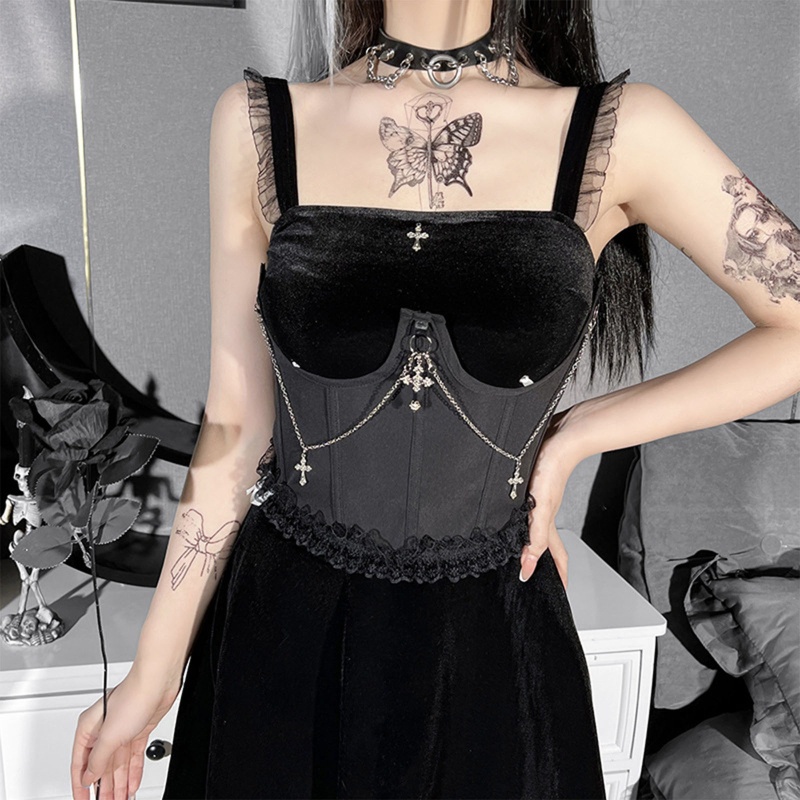 Đai Nịt Bụng Corset Màu Trơn Có Dây Xích Lủng Lẳng Điều Chỉnh Được Thời Trang Gothic Cho Nữ