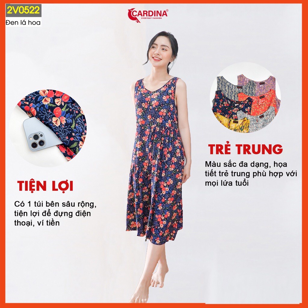 Đầm nữ mùa hè CARDINA cao cấp sát nách chất lanh nhung  họa tiết hoa kiểu dáng baby doll lệch tầng 2V05