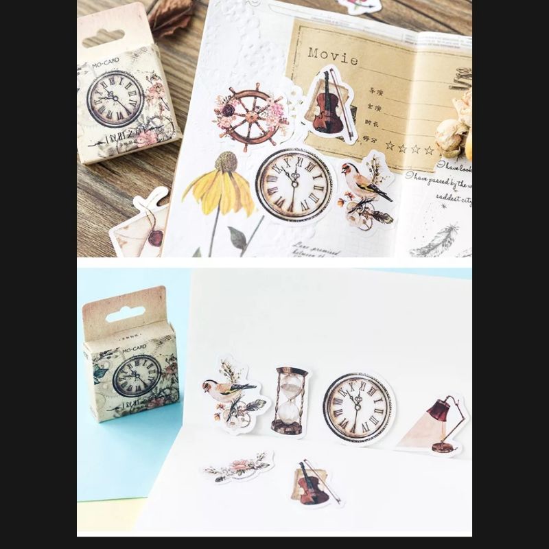 STICKER đồng hồ cổ điển, vật dụng Vintage hộp 45 miếng dán trang trí sổ tay Bullet Journal, bao thư -S11