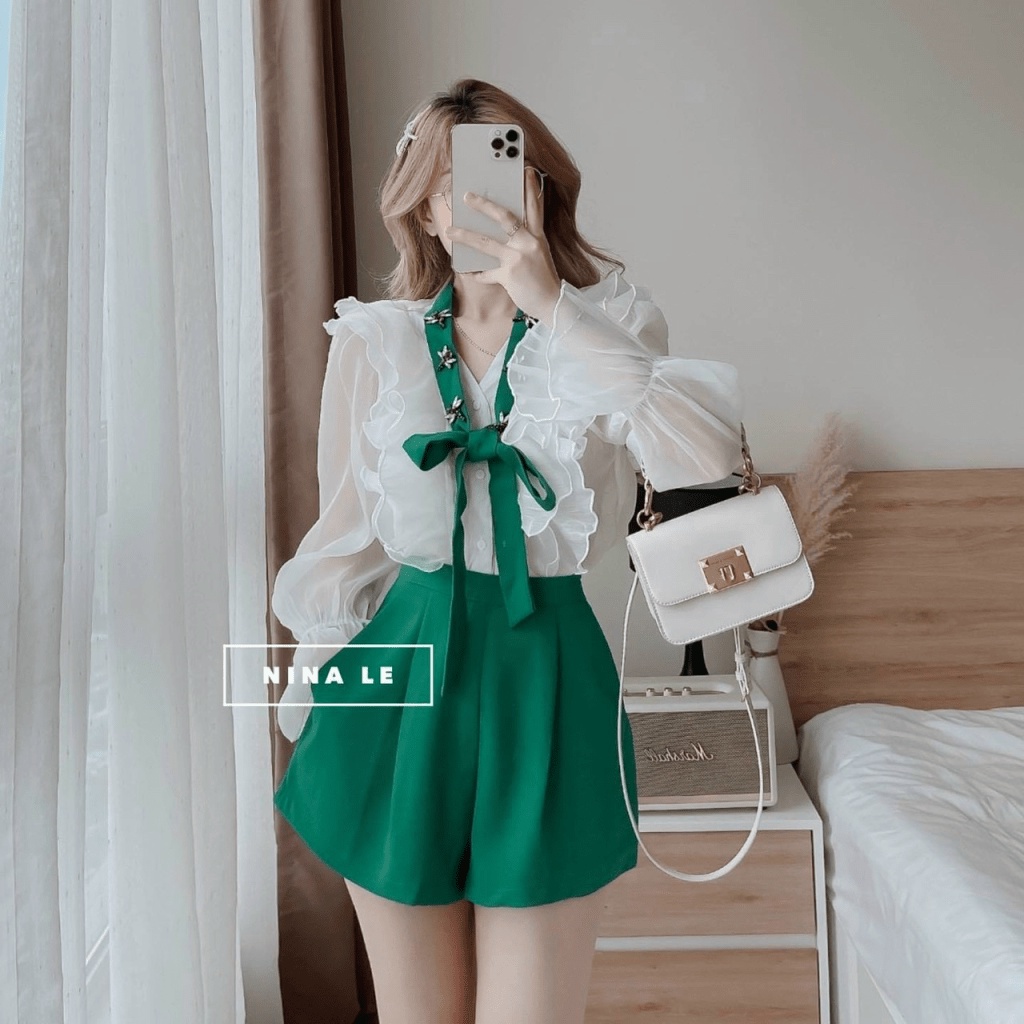 Sét Bộ Nữ 2 Món Áo Voan Tơ Có Lót Phối Dây Nơ Kết Hợp Quần Đùi Cotton Lạnh Mặc Đẹp Thời Trang Mới NEW UNISEX