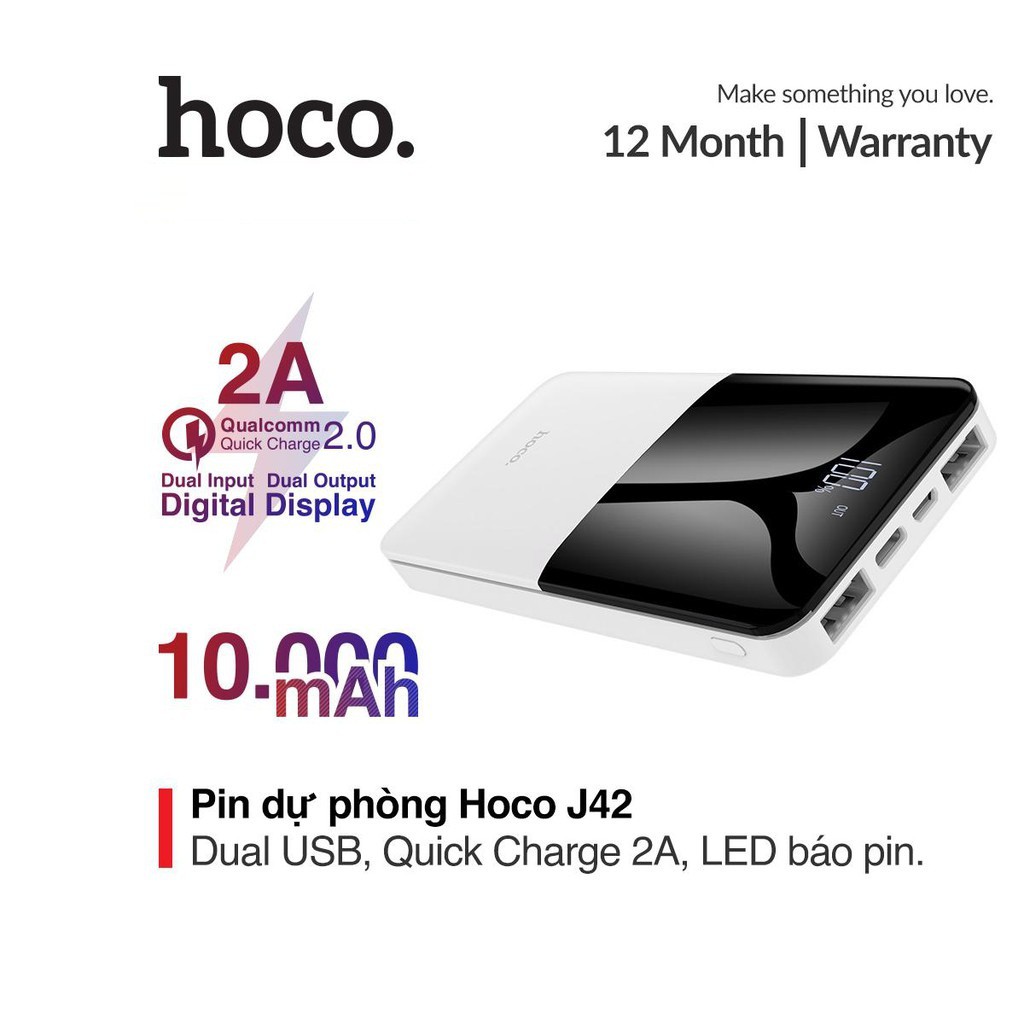 Pin dự phòng sạc nhanh 2A Hoco J42 pin 10000mAh màn hình Led báo pin sạc 2 thiết bị cùng một lúc