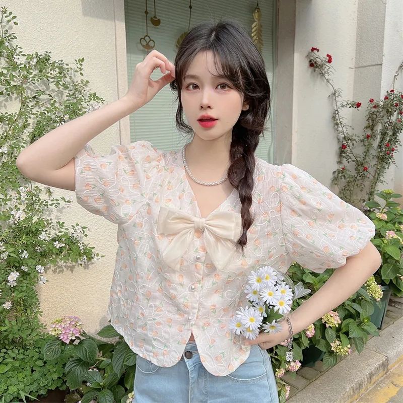 Áo Sơ Mi Tay Ngắn Phồng Cổ Chữ V Thắt Nơ Phong Cách Pháp Ngọt Ngào Cho Nữ  tao bao