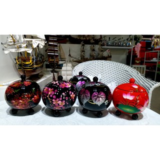 Khay Hũ đựng mứt 3 chân vẽ hoa đào sơn mài cao cấp QT19-11 