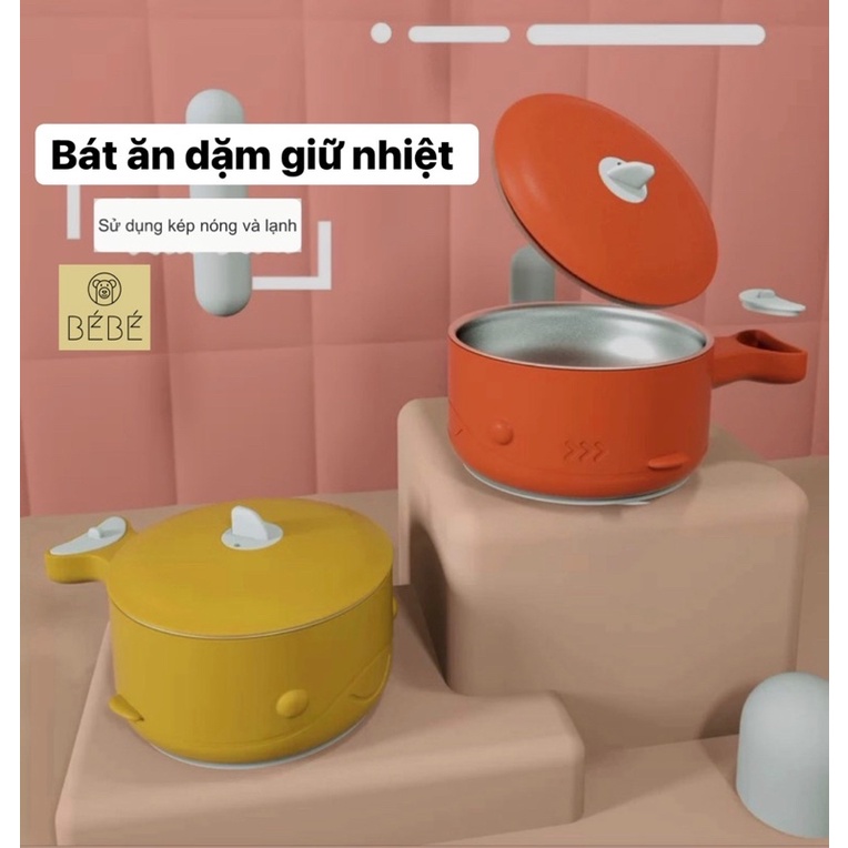 Bát ăn dặm giữ nhiệt 3 lớp cao cấp cho bé,bát inox chống nóng, chống đổ (Ruột INOX 304) cá mập nhỏ
