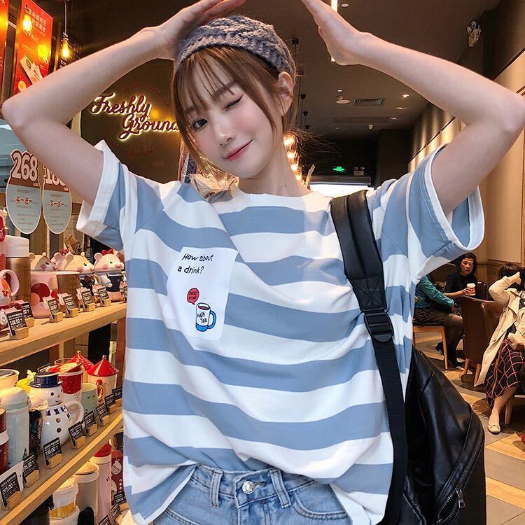 Áo phông Nữ Ngắn Tay Dáng Rộng Họa Tiết Kẻ Sọc Phong Cách Harajuku Hàn Quốc Thời Trang Cho WT-TX-113