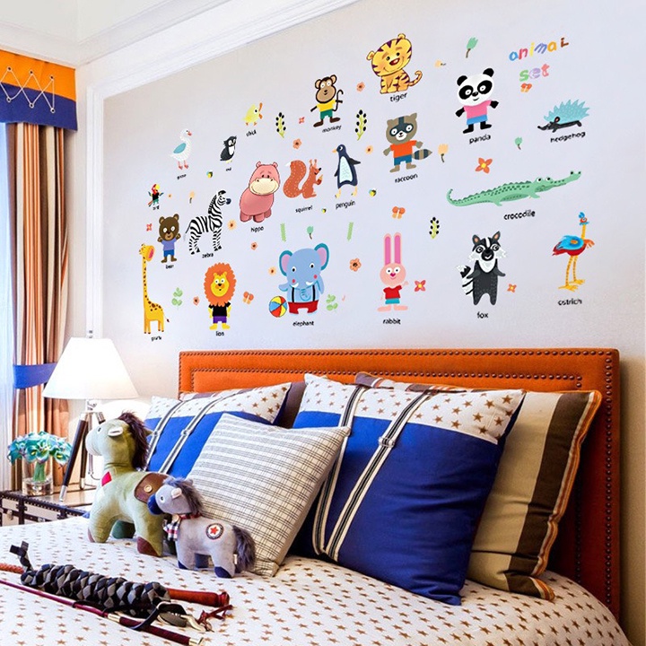 Decal con vật Vườn Thú Tiếng Anh Animal cho bé học HM92025- Hình dán động vật dán tường cho bé