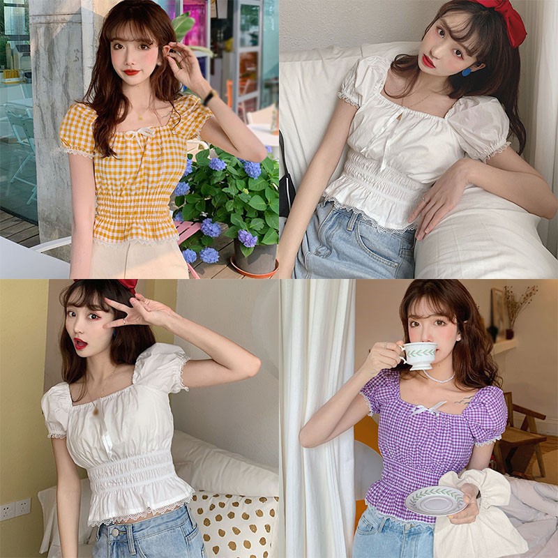 Áo Tay Phồng Cổ Vuông Họa Tiết Ca Rô Xinh Xắn Dễ Thương Dành Cho Nữ