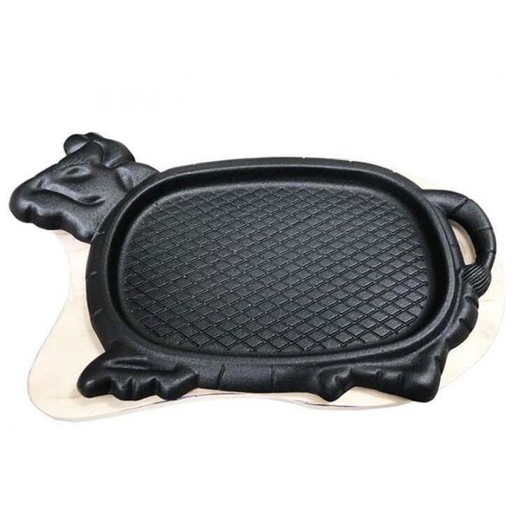 Chảo Bò Né , Bò Bít Tết  Bằng Gang Chống Dính Kèm Đế Lót Gỗ Hiệu Dragon