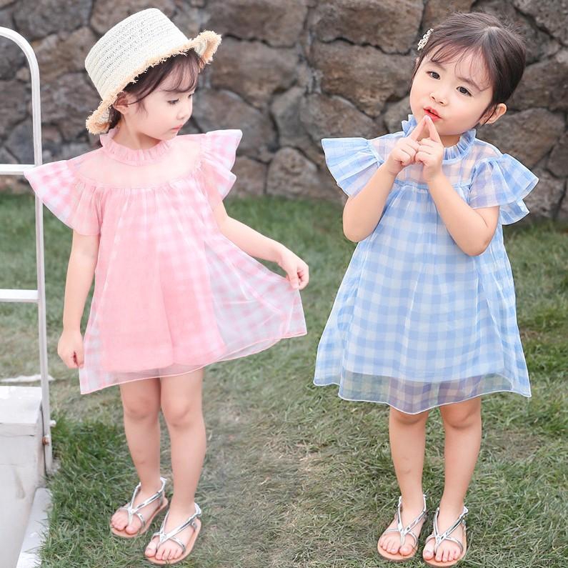 Đầm bé gái tay ngắn phối lưới phong cách Hàn Quốc