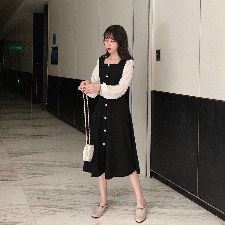 [ Mã FAMAYWA2 giảm 10K đơn 50K] đầm dáng suông tay dài cổ vuông đính nút | BigBuy360 - bigbuy360.vn