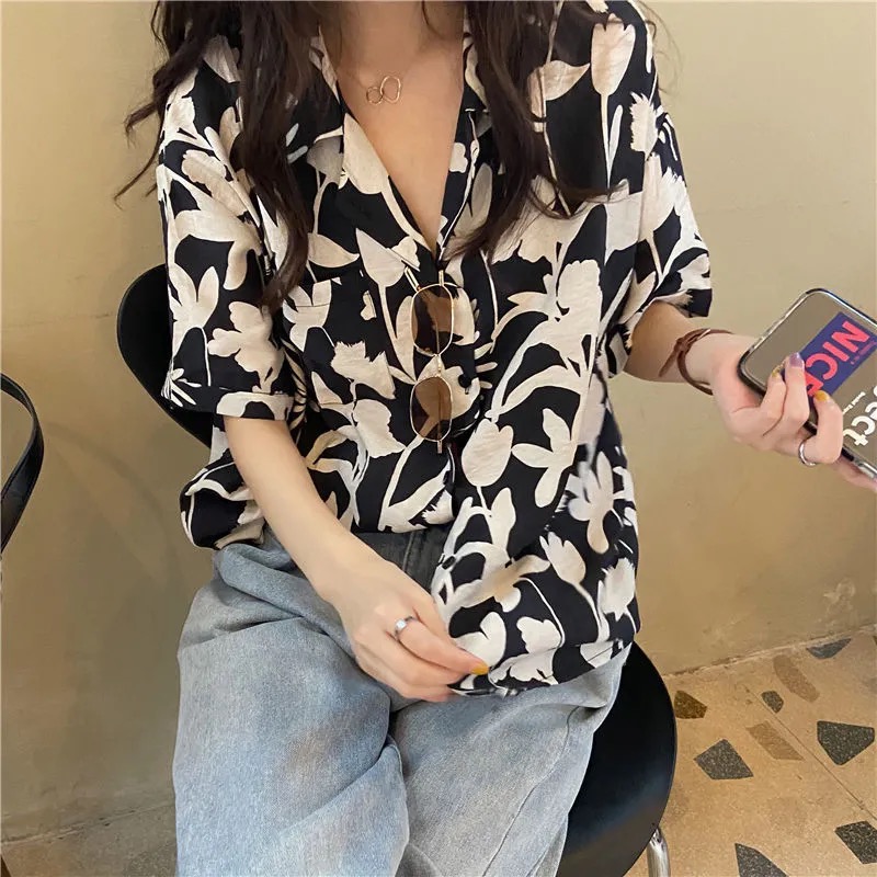 Áo sơ mi tay ngắn họa tiết hoa phong cách retro thời trang dành cho nữ