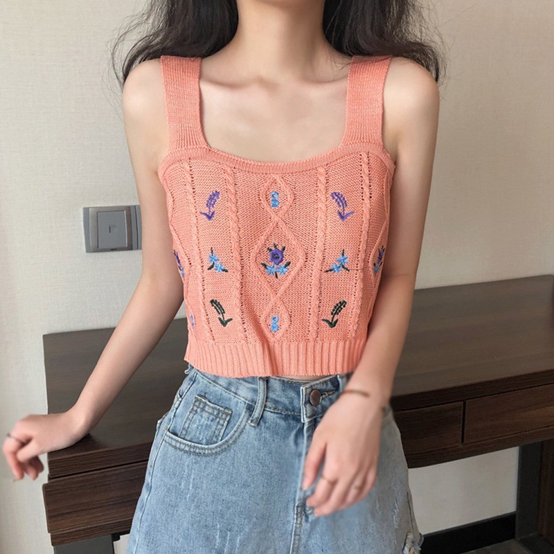 Áo Hai Dây Dệt Kim Thêu Hoa Xinh Xắn Cho Nữ