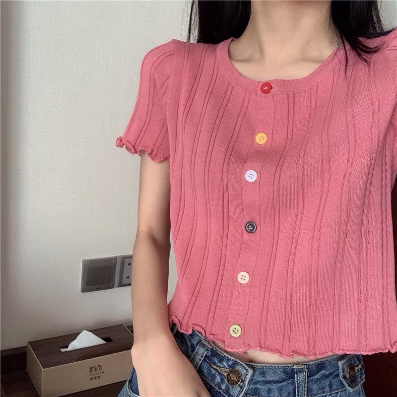 áo len tăm croptop hàng khuy (cúc) sắc màu