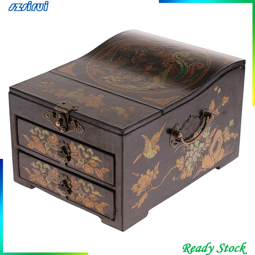 Hộp Đựng Trang Sức Bằng Gỗ 2 Ngăn Kéo 1 Gương Phong Cách Vintage Ốp