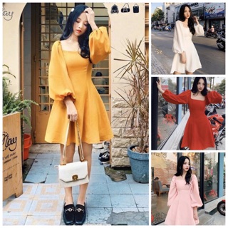 Đầm cổ U tay dài phồng 4 màu