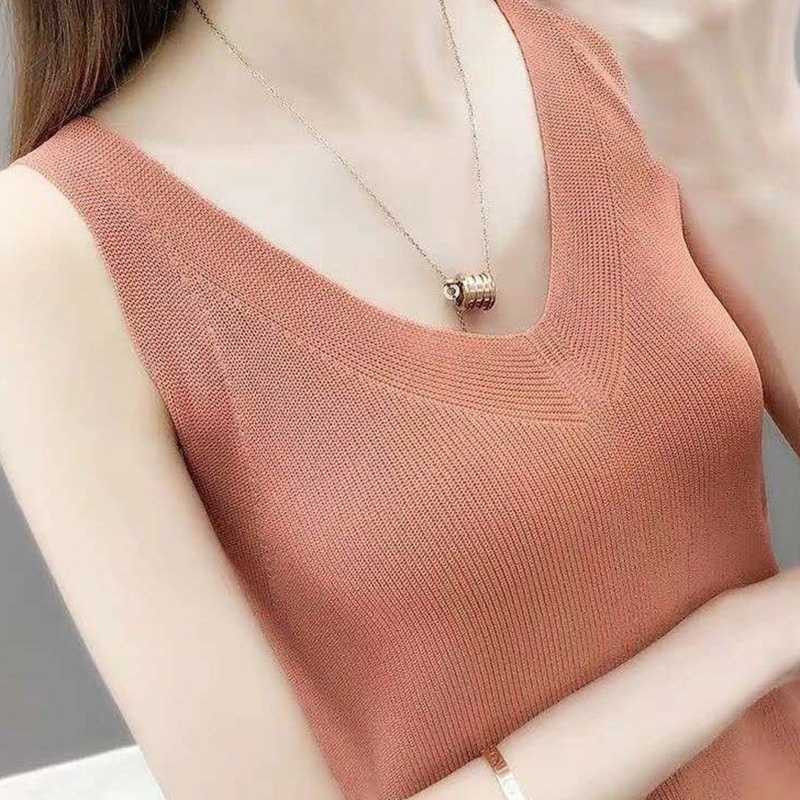 Áo Tank Top Dệt Kim Màu Trơn Cổ Chữ V Khoét Sâu Gợi Cảm Cho Nữ