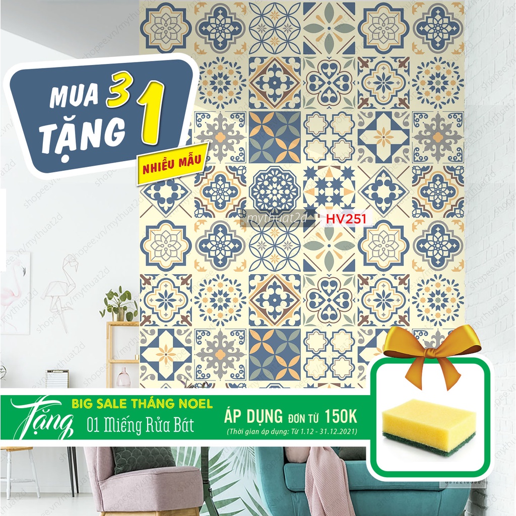 Decal gạch bông dán bếp dán tường, màu Vintage tiles, 120x60cm/set, Mua 3 Tặng 1