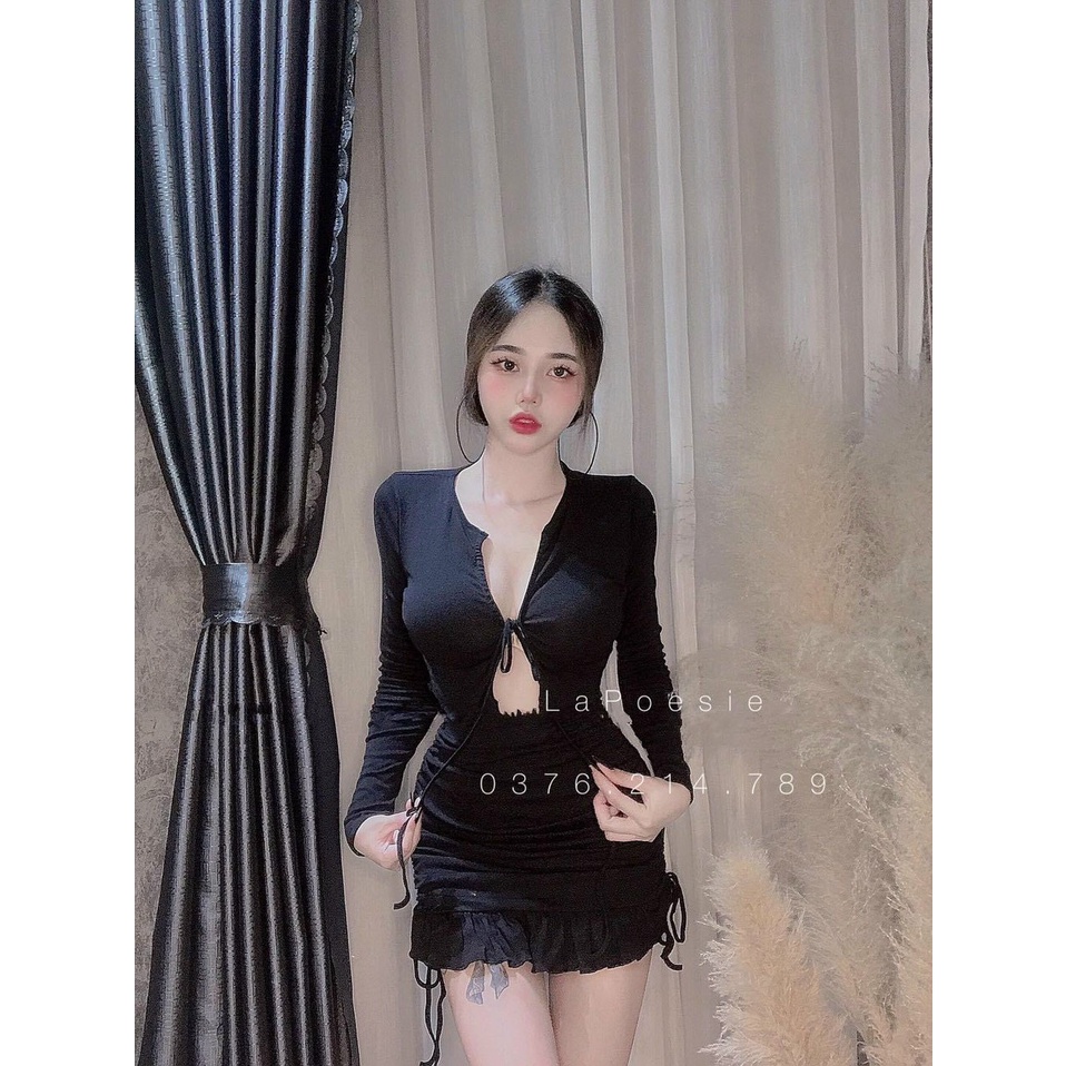 Sét váy duôi cá rút dây 2 bên phối áo tay dài cột dây ngực sexy , chất thun bozip mềm mịn