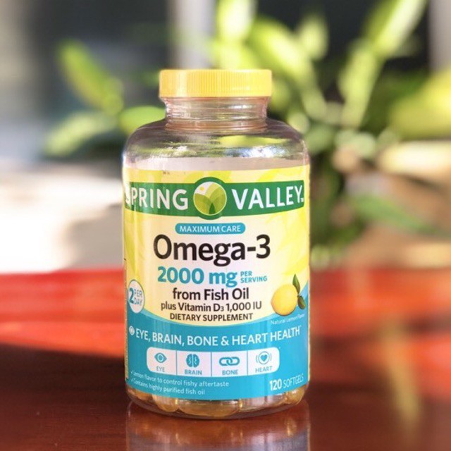 120 viên dầu cá hương chanh spring valley omega 3 2000mg plus vitamin D3 (omega 3 spring valley 2000mg)