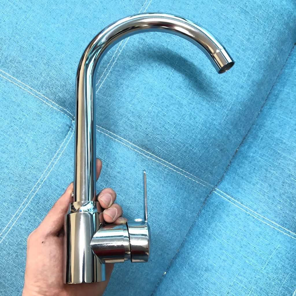 (Kèm dây cấp nước) Vòi rửa chén bát nóng lạnh inox bóng cần cứng cổ bi xoay 360 độ siêu bền tay gạt mỏng dẹt mẫu mới