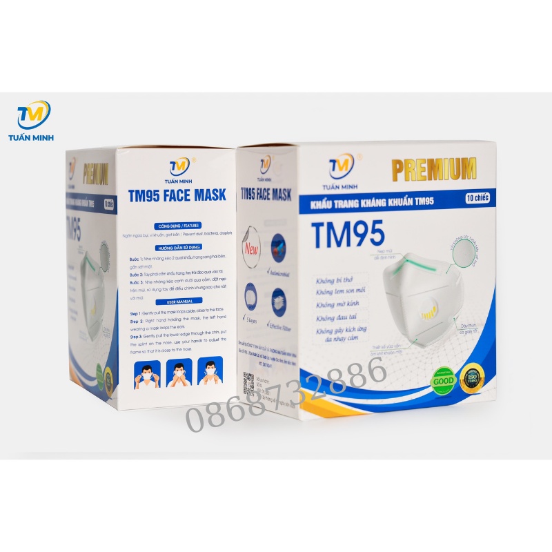 Hộp 10 chiếc Khẩu trang N95 có van Tuấn Minh- Khẩu trang y tế N95 có van thở, kháng khuẩn, chống bụi siêu mịn PM2.5