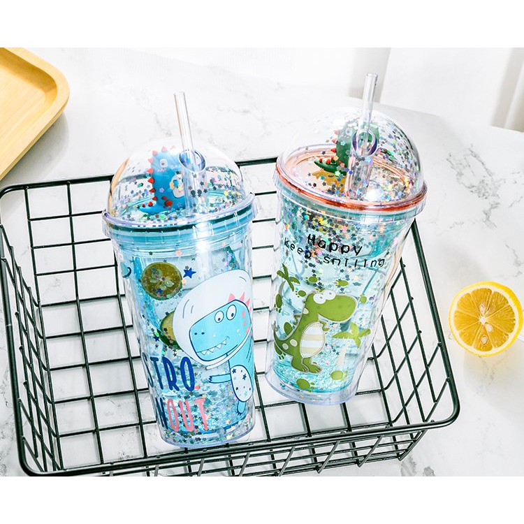 Ly Giữ Nhiệt Hình Khủng Long, Cốc Uống Nước Cute Hình Khủng Long 3D 400ml + Tặng Kèm Ống Hút
