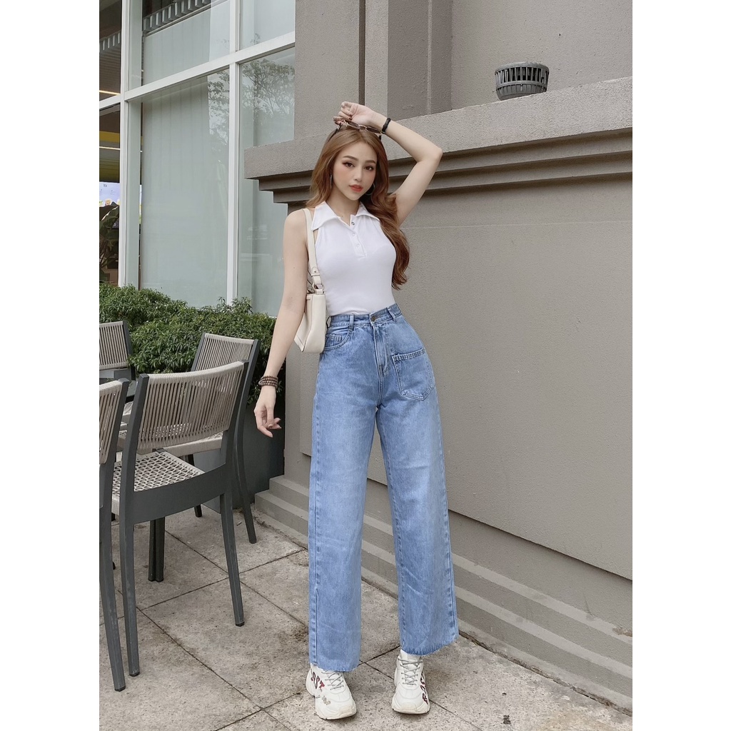 Quần jean ống suông  nữ CRAZYTEEN phối túi con phong cách cá tính  K0117