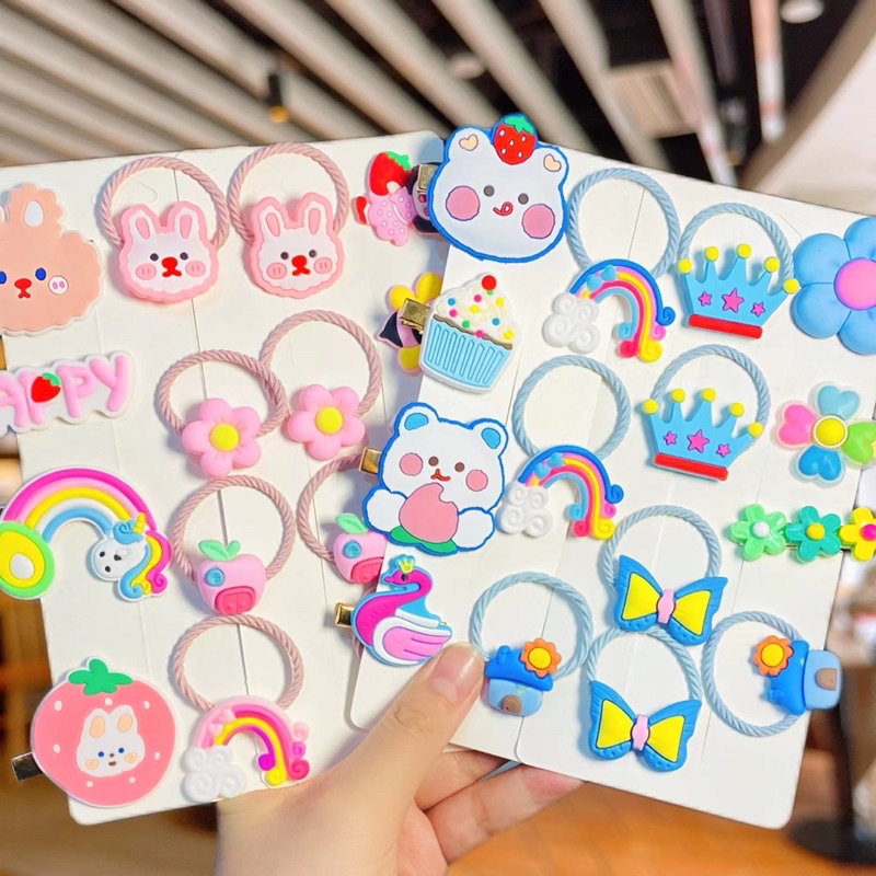 Set 15 phụ  kiện  Dây Cột Tóc Và Kẹp Tóc  Cao Su Màu Cầu Vồng Phong Cách Hàn Quốc Dễ Thương Cho Bé Gái