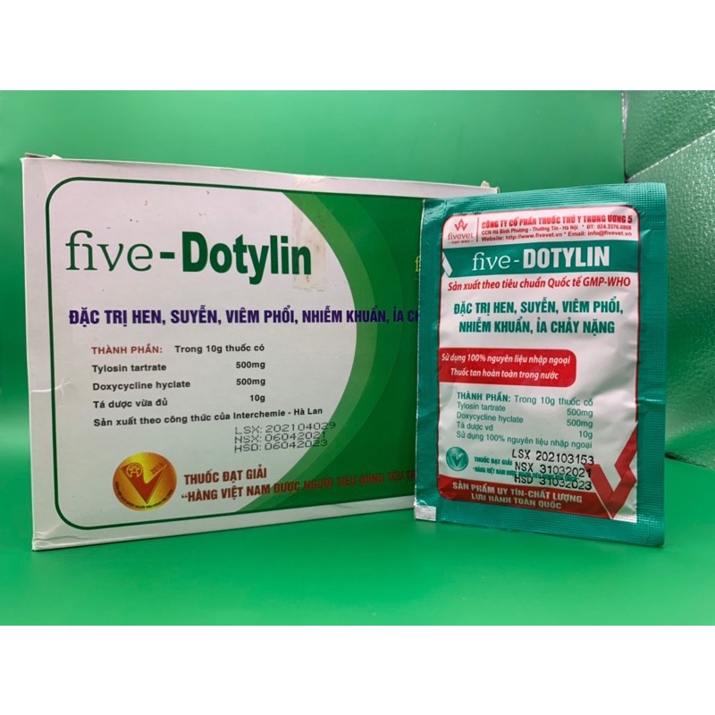 10g Five Dotylin - hen, suyễn, tiêu chảy trên gà, vịt, ngan, ngỗng, chim cút, chó, mèo, trâu, bò, heo