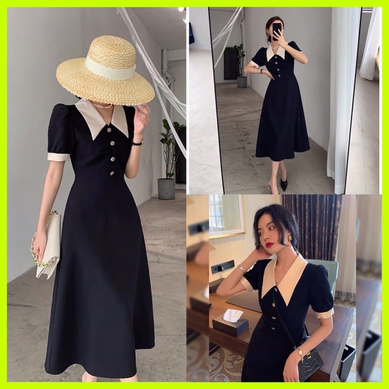 Đầm xoè thắt eo đen phối cổ bâu trắng dễ thương