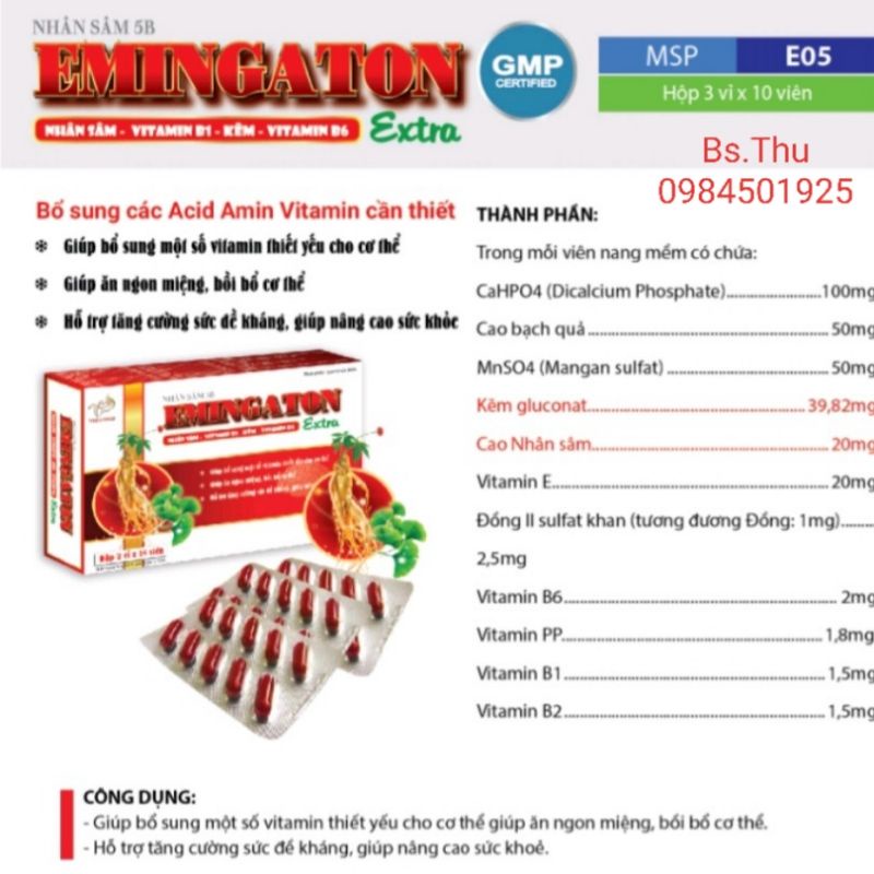 EMINGATON hộp 30 viên bổ sung acid amin hỗ trợ bồi bổ cơ thể, ăn ngon miệng, tăng đề kháng
