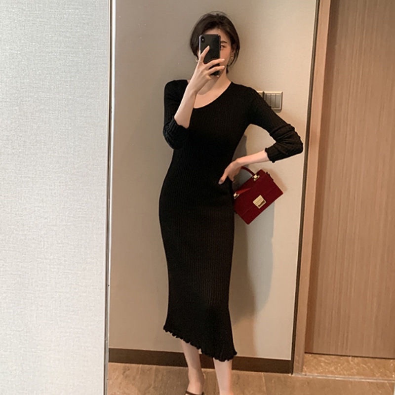 Sẵn -Váy len body đuôi cá cổ cut out thời trang, váy len dáng dài nữ Quảng Châu cao cấp