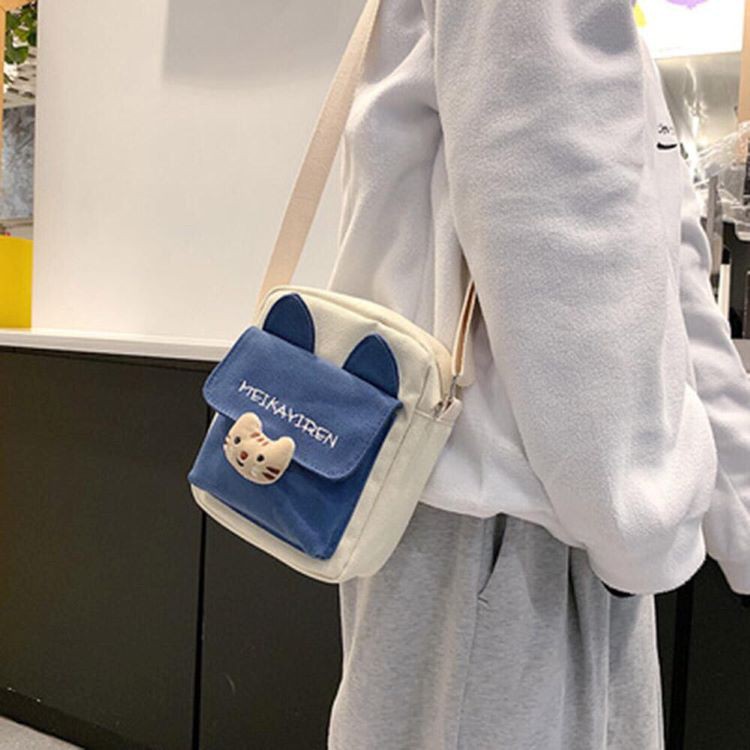 Túi tote vải canvas đeo chéo tai mèo siêu dễ thương  đựng đồ tiện dụng phong cách Hàn Quốc