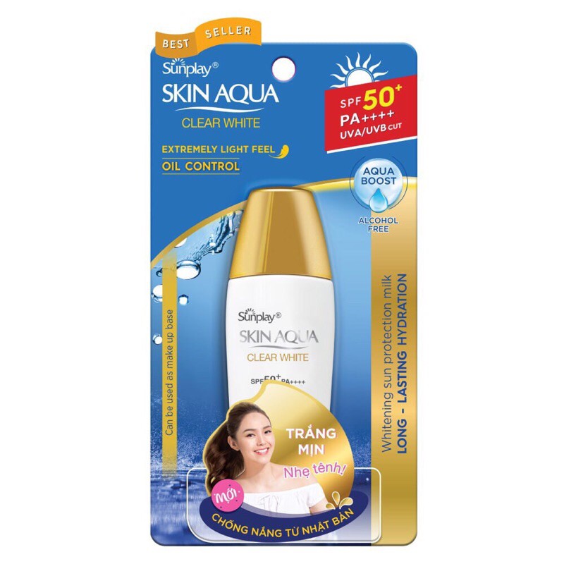 Kem chống nắng Sun Play Skin Aqua Clear White dưỡng da trắng mịn SPF50+PA++++ (nắp vàng - dạng sữa)